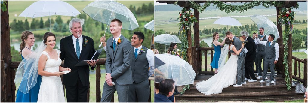 Bride and groom laugh as it starts to rain on their wedding day during their outdoor wedding ceremony at a ranch in Colorado
