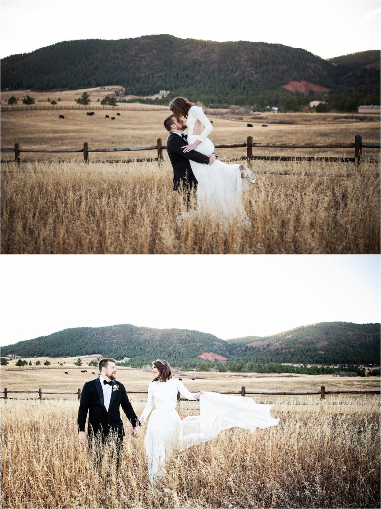 Groom lifts and walks with his bride on his wedding day at their Spruce Mountain Ranch wedding