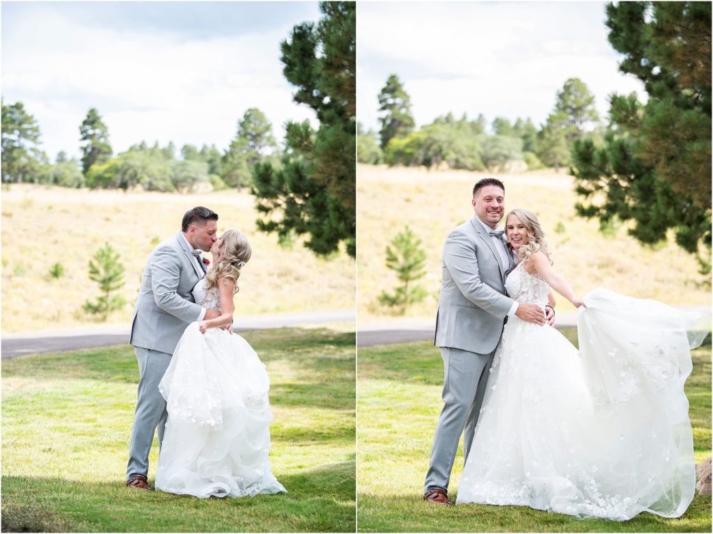 Bride and groom embrace and dance outdoors in summertime at Flying horse ranch