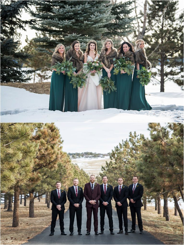 Bridal party wears forest green and burgundy with furs and only winter greens for bouquets in this winter snowy wedding
