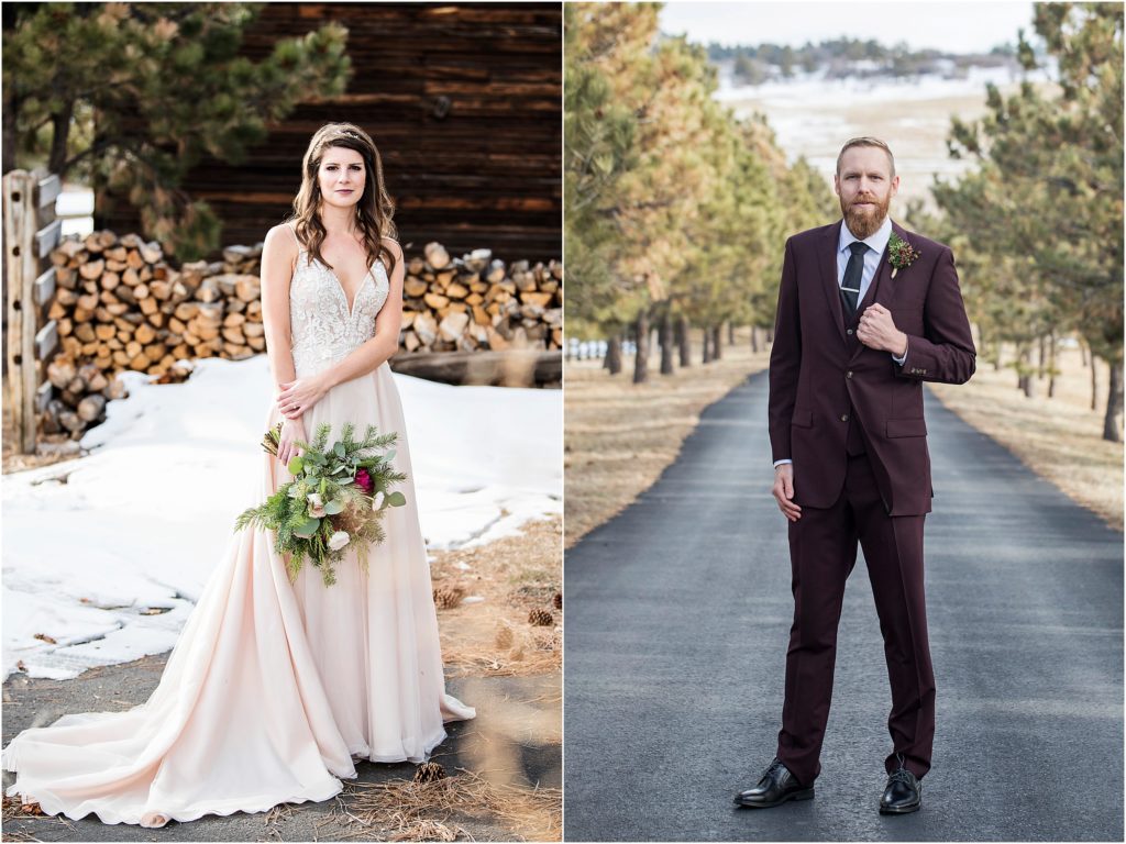 Bride and groom dressed and ready for their winter colorado wedding with snow all around them