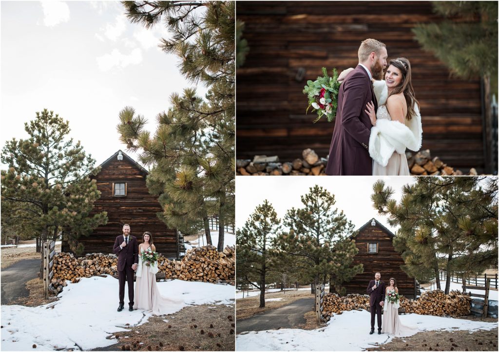 Bride and groom embrace and smile as they stand in snow at Spruce Mountain Ranch in Larkspur Colorado at this December wedding