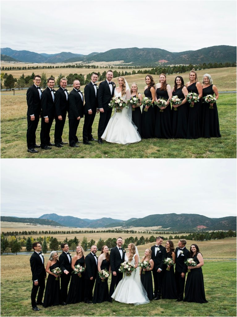 Bride and groom stand with their bridal party wearing all black in the foothills of the front range in Colorado