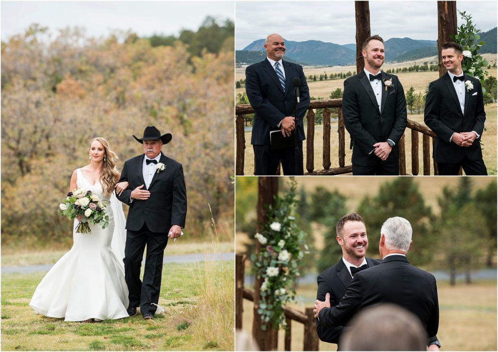Bride walks down the aisle to the alter with a smiling groom on their wedding day at their outdoor ceremony at Spruce Mountain Ranch in Colorado