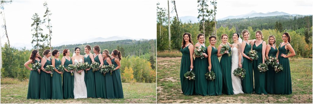 Bride stands with her bridesmaids who are wearing forest green at this fall colorado mountaintop wedding