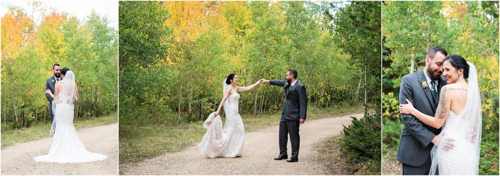 Bride and groom spin and dance during their wedding portraits with Tina Joiner Photography on their Colorado Wedding day in fall
