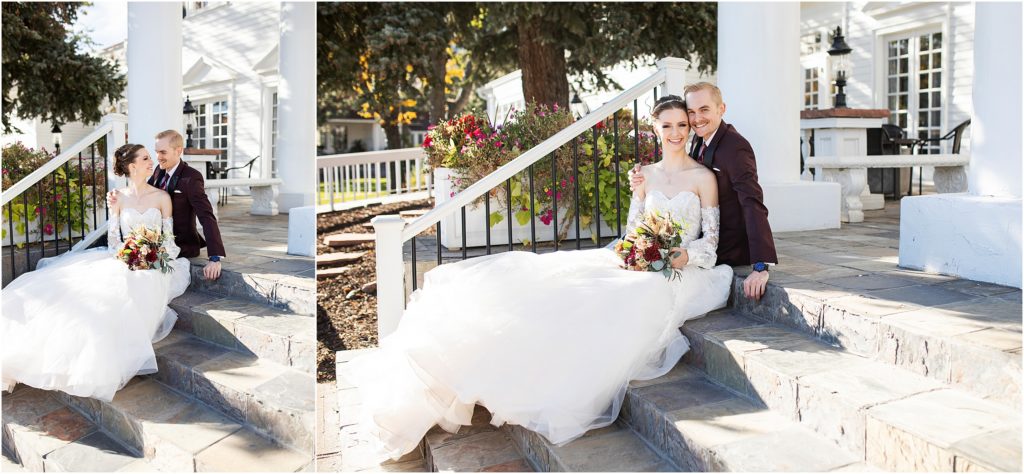 Bride and groom sit together on the steps outside of The Manor House wedding venue in Littleton, Colorado