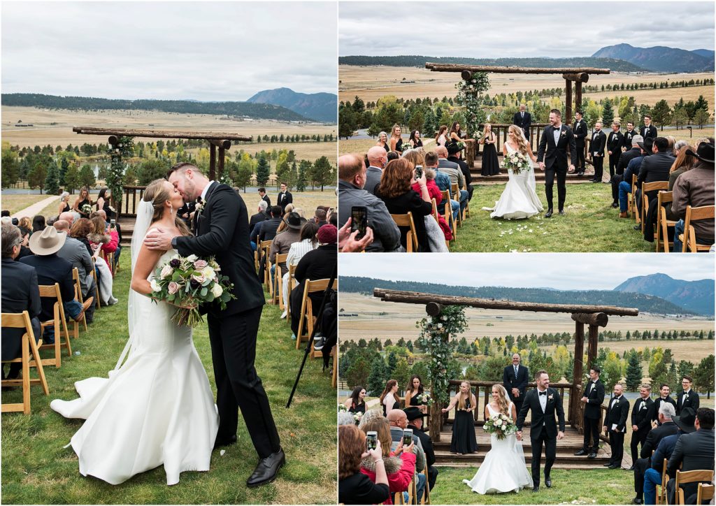 Bride and groom excitedly walk down the aisle after their outdoor ceremony in Colorado on a fall day