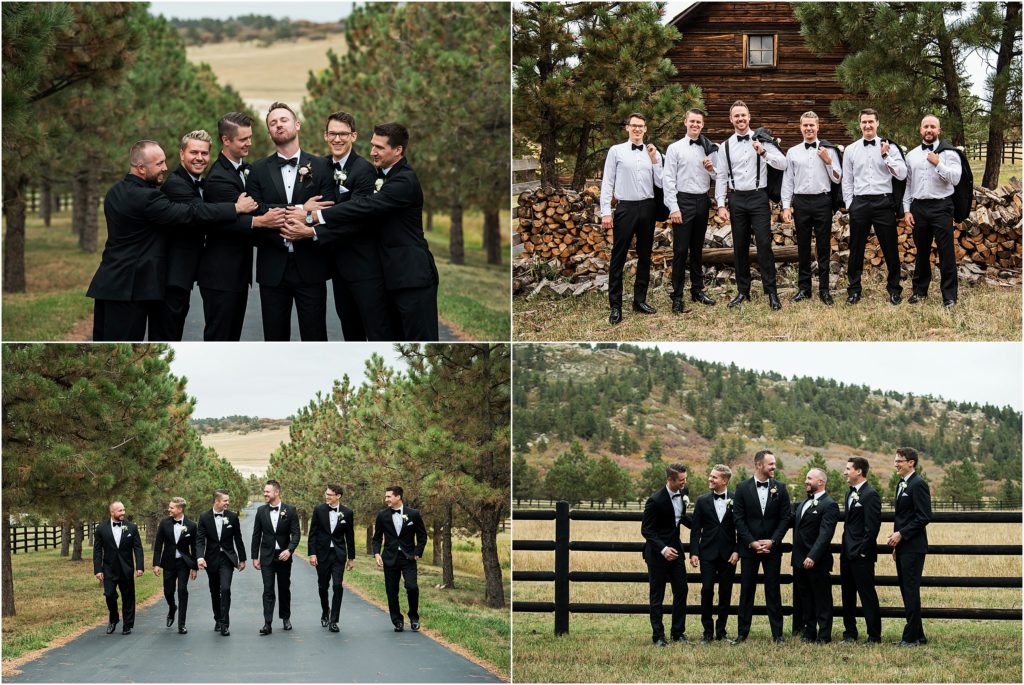 Groom and groomsmen talk and laugh together before the outdoor wedding ceremony at Spruce Mountain Ranch near Colorado Springs, Colorado