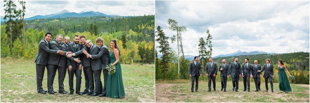 The groom is surrounded by his groomsmen and groomswoman on his wedding day in the colorado mountains in Fall