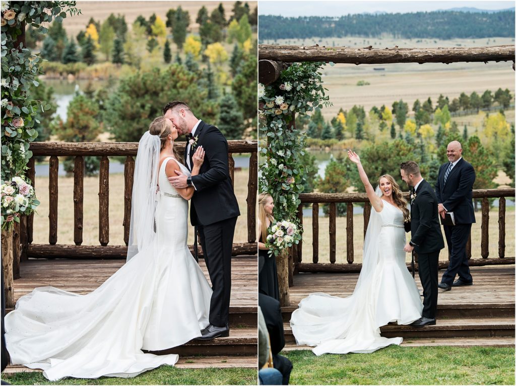 Bride and groom kiss at their outdoor ranch wedding in the fall in Colorado