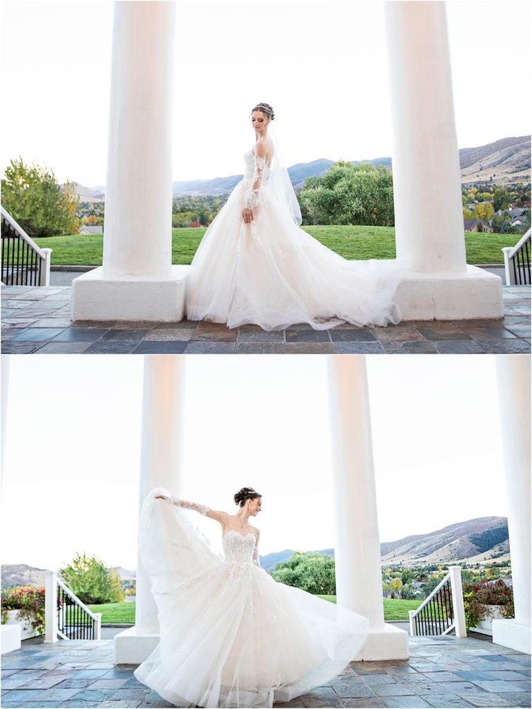 Bride twirls in her amazing wedding dress on her wedding day