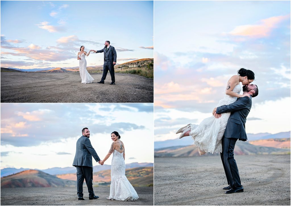 They sky turns light pink and purple during sunset at this autumn wedding in Colorado