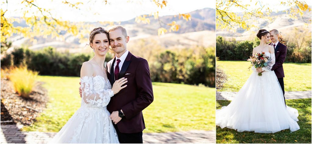 Couple snuggles together during their fall wedding in Colorado