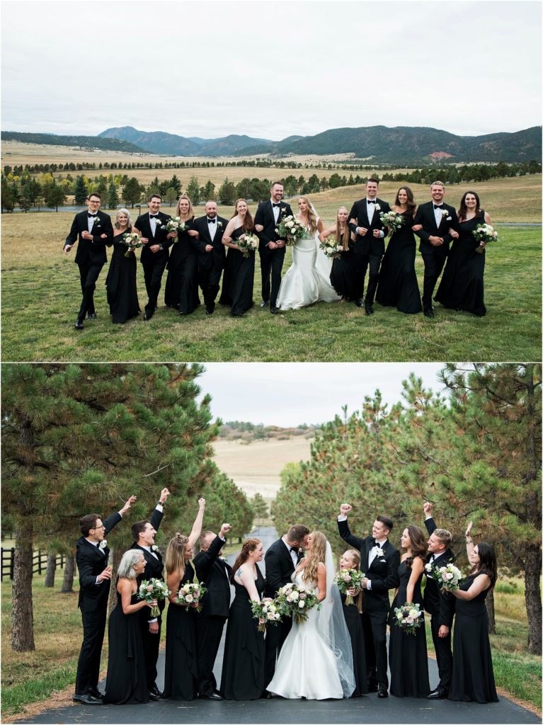 Bride and groom with bridal party all dressed in black walk together and cheer at Spruce Mountain Ranch