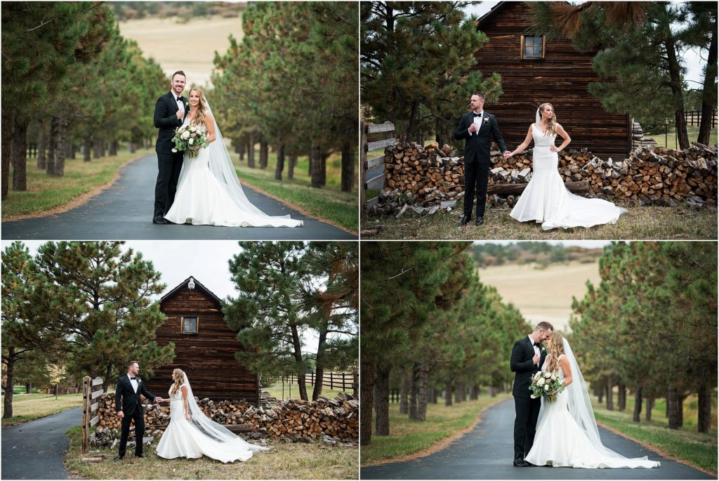 Bride and groom stand together holding hands and embracing during their Wedding Portrait session with Tina Joiner Photography at Spruce Mountain Ranch