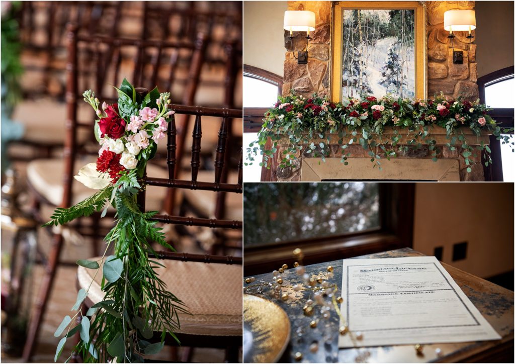 Floral details on chairs and fireplace mantels make the room look cozy at the winter wedding at The Pinery in colorado