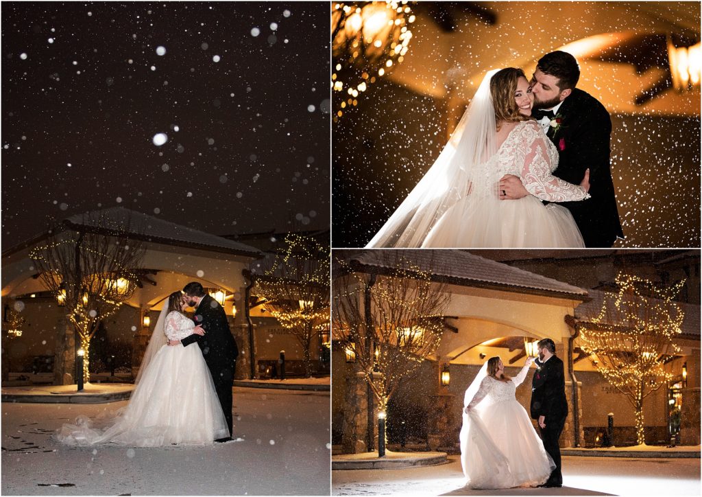 Bride and groom hold each other and dance in the snow in the evening in colorado