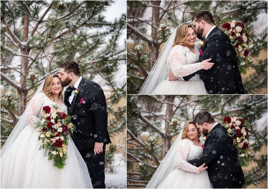 Bride and groom embrace and kiss at their winter wedding in Colorado Springs in the snow