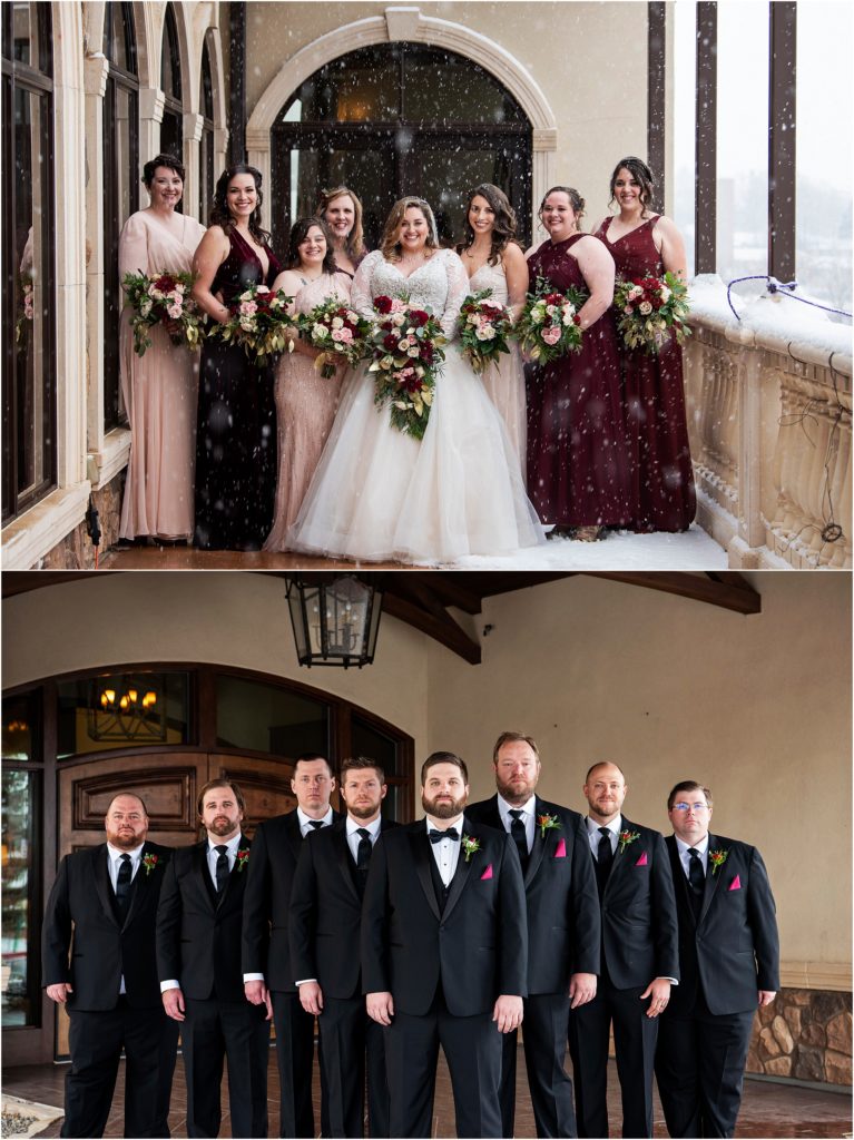 Bride and groom stand with their wedding party at their wedding in winter in Colorado