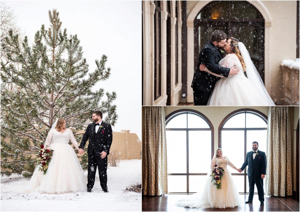 Bride and groom hold hands and embrace as snow falls all around them on their wedding day at The Pinery in Colorado Springs, Colorado