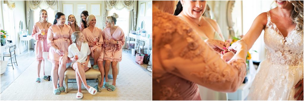 Bride and bridesmaids wear cute robes and doing champagne while getting ready in the bridal suite at Flying Horse Ranch