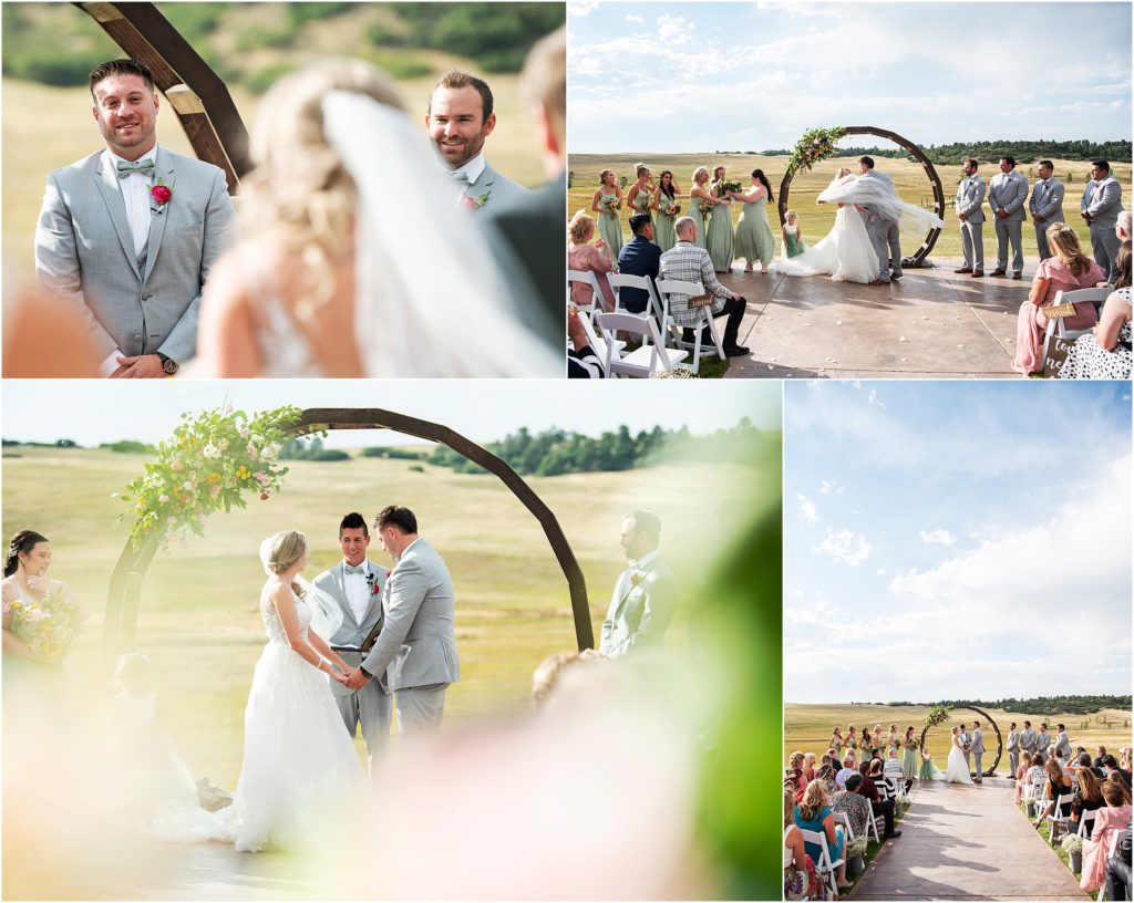 Bride and groom have outdoor wedding ceremony in Colorado in summer near Colorado Springs