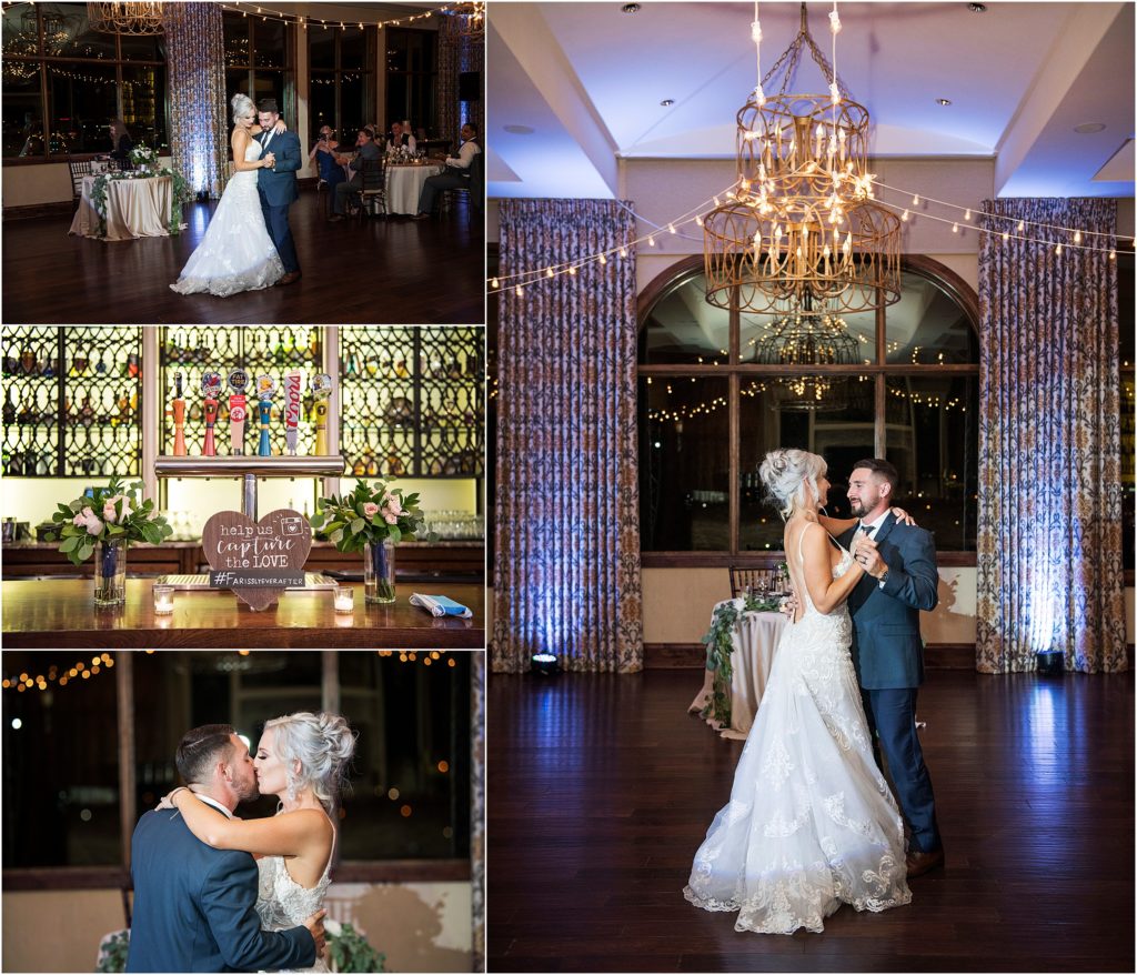 Bride and groom share their first dance under a spotlight at the pinery