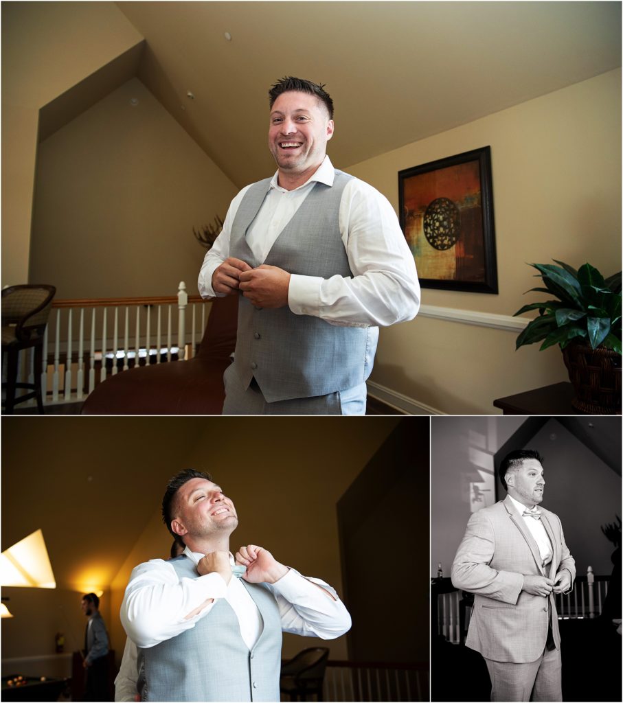 Groom gets ready on his wedding day with his groomsmen