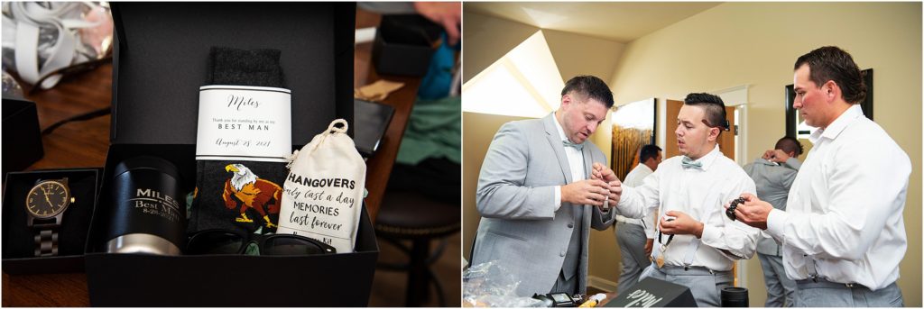 Groom gets ready for wedding day with groomsmen and gives them gifts