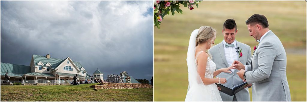 Storm clouds roll in as the bride and groom exchange their rings at an outdoor wedding in Colorado