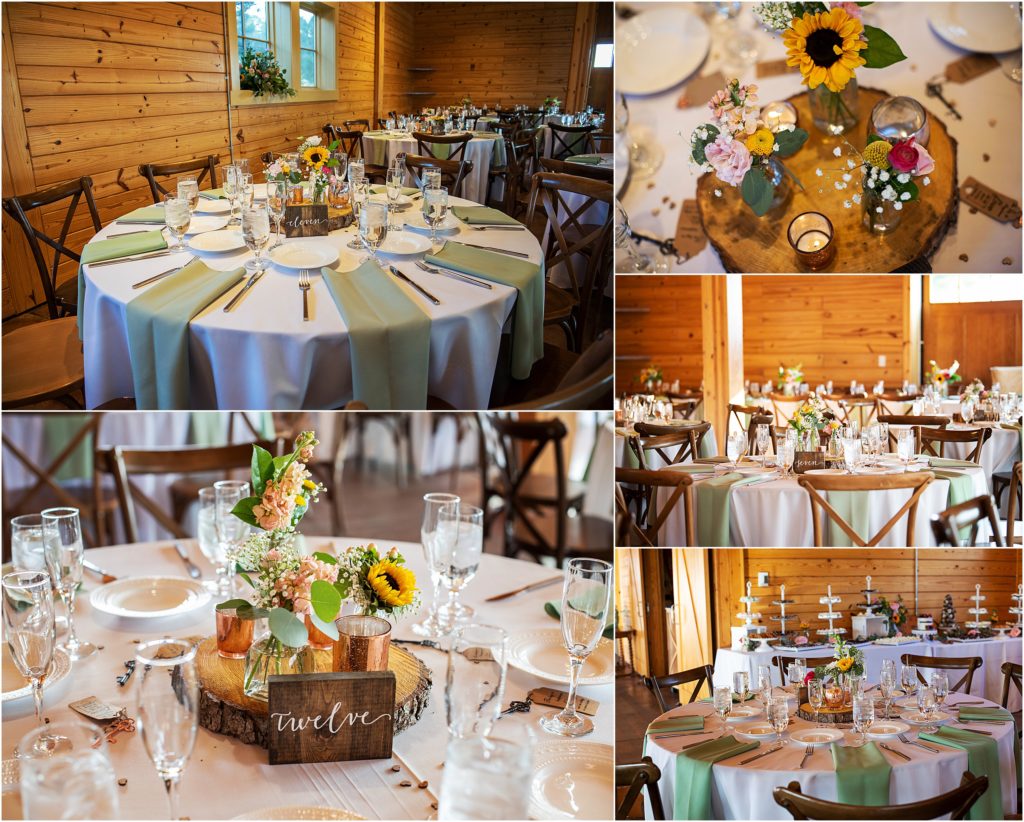 Sunflowers are the centerpiece of the floral arrangements at this Colorado wedding in the barn at Flying Horse Ranch