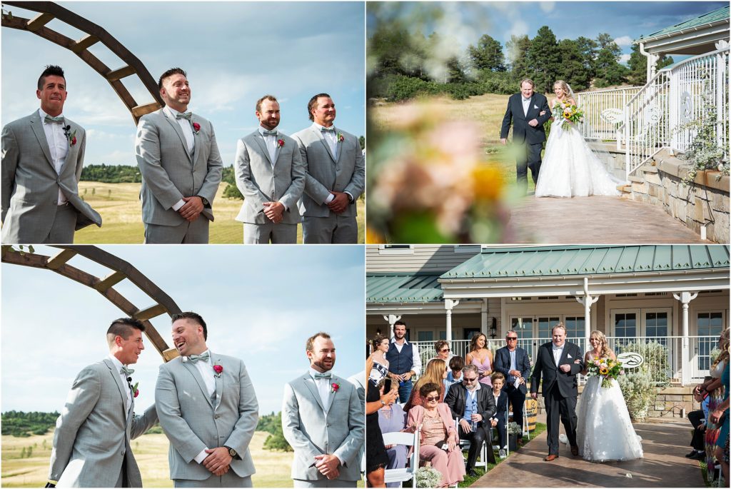 Groom smiles broadly and talks with his friend as his bride walks down the aisle with her dad at Flying Horse Ranch wedding venue in Colorado