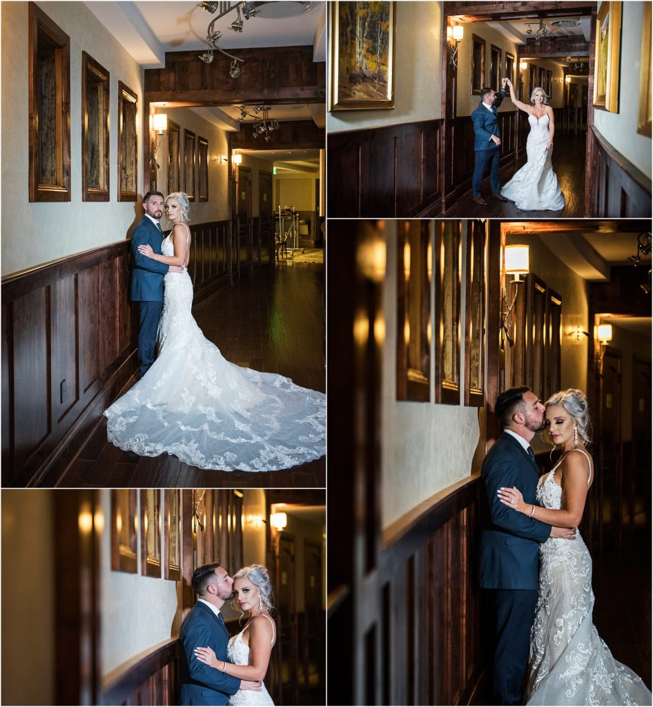 Cozy wedding photos in a round hallway upstairs at The Pinery