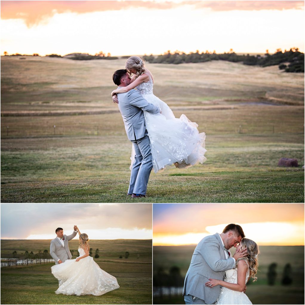 Bride and groom dancing and laughing while the sun sets on a ranch in colorado