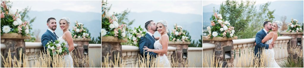 Bride and groom snuggle and kiss on their wedding day at the Pinery in Colorado Springs