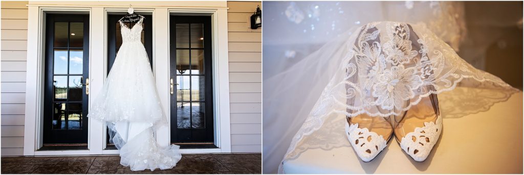 Brides wedding dress hangs from a door frame at a ranch house in Colorado